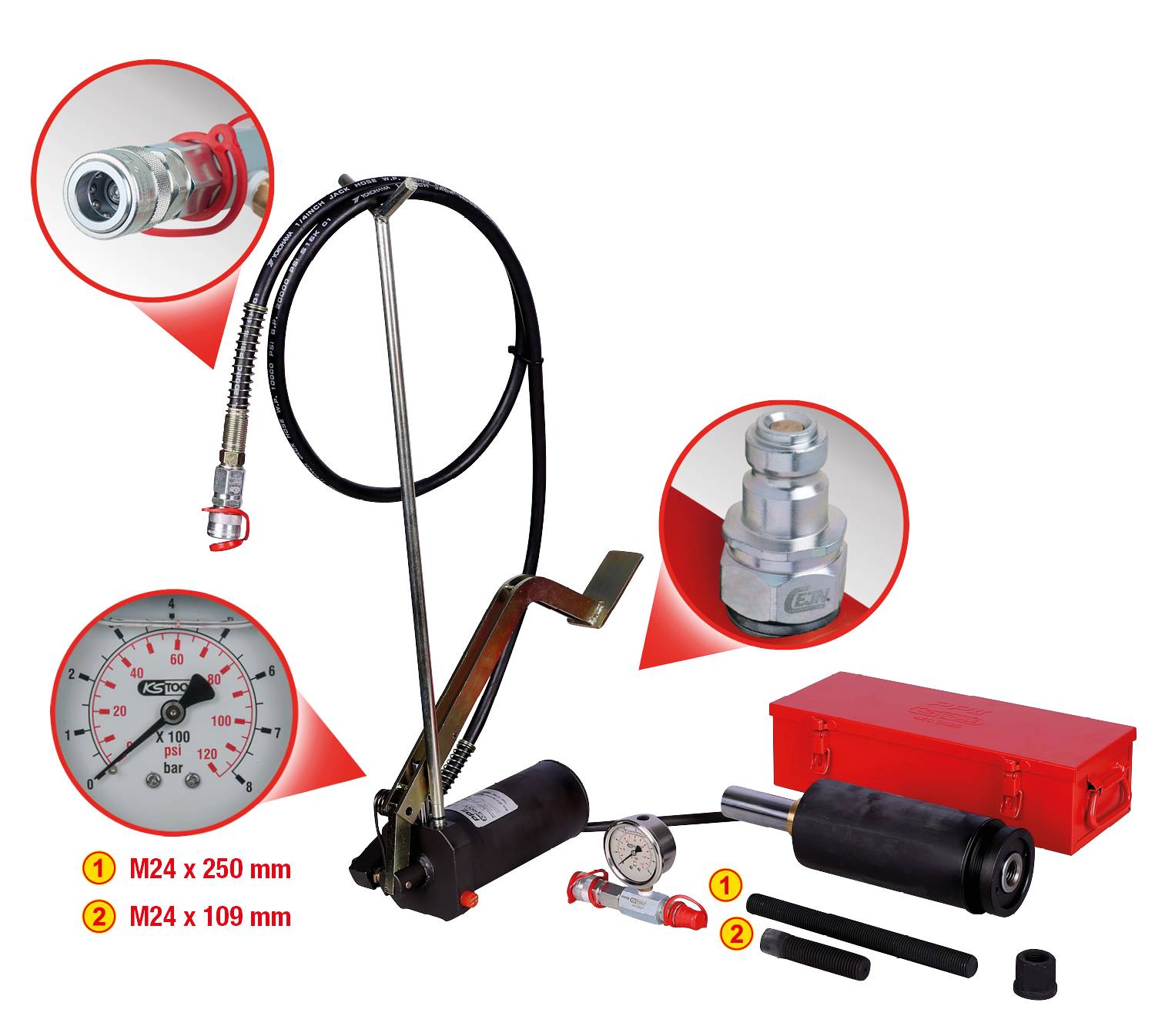 Hydraulik-Pumpenset, bestehend aus einer Fußpumpe, Manometer, Schlauch und zwei Zylindern (M24 x 250 mm, M24 x 109 mm), im roten Koffer.