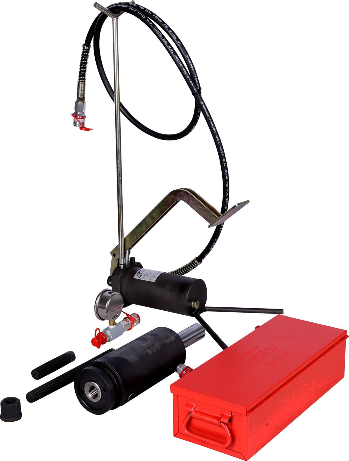 Hydraulikzylinder-Werkzeugset mit Hebel und rotem Metallkoffer. Ideal für Werkstatteinsatz und technische Reparaturen.