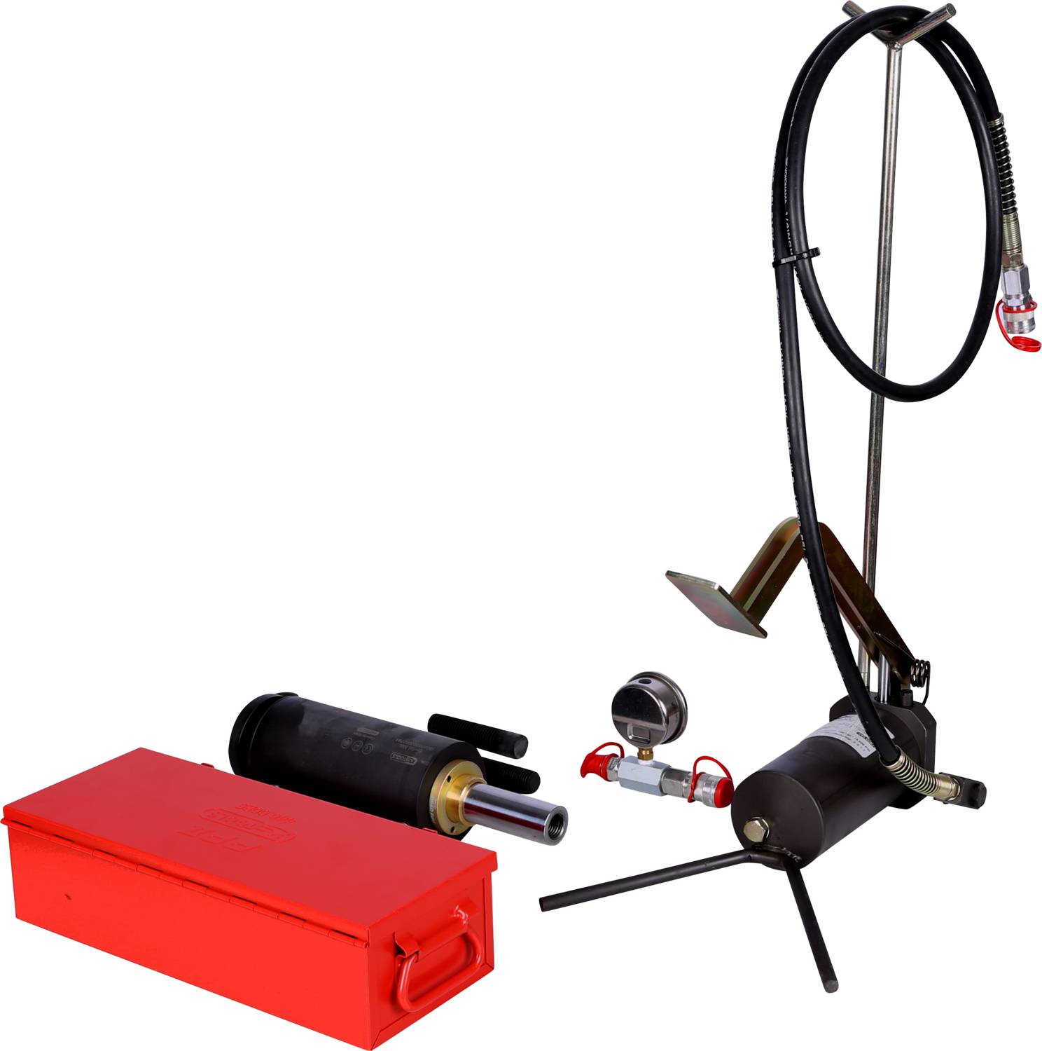 Fußbetriebene Hydraulikpumpe mit Schlauch, Manometer und roten Aufbewahrungsbox, geeignet für mobile Anwendungen.