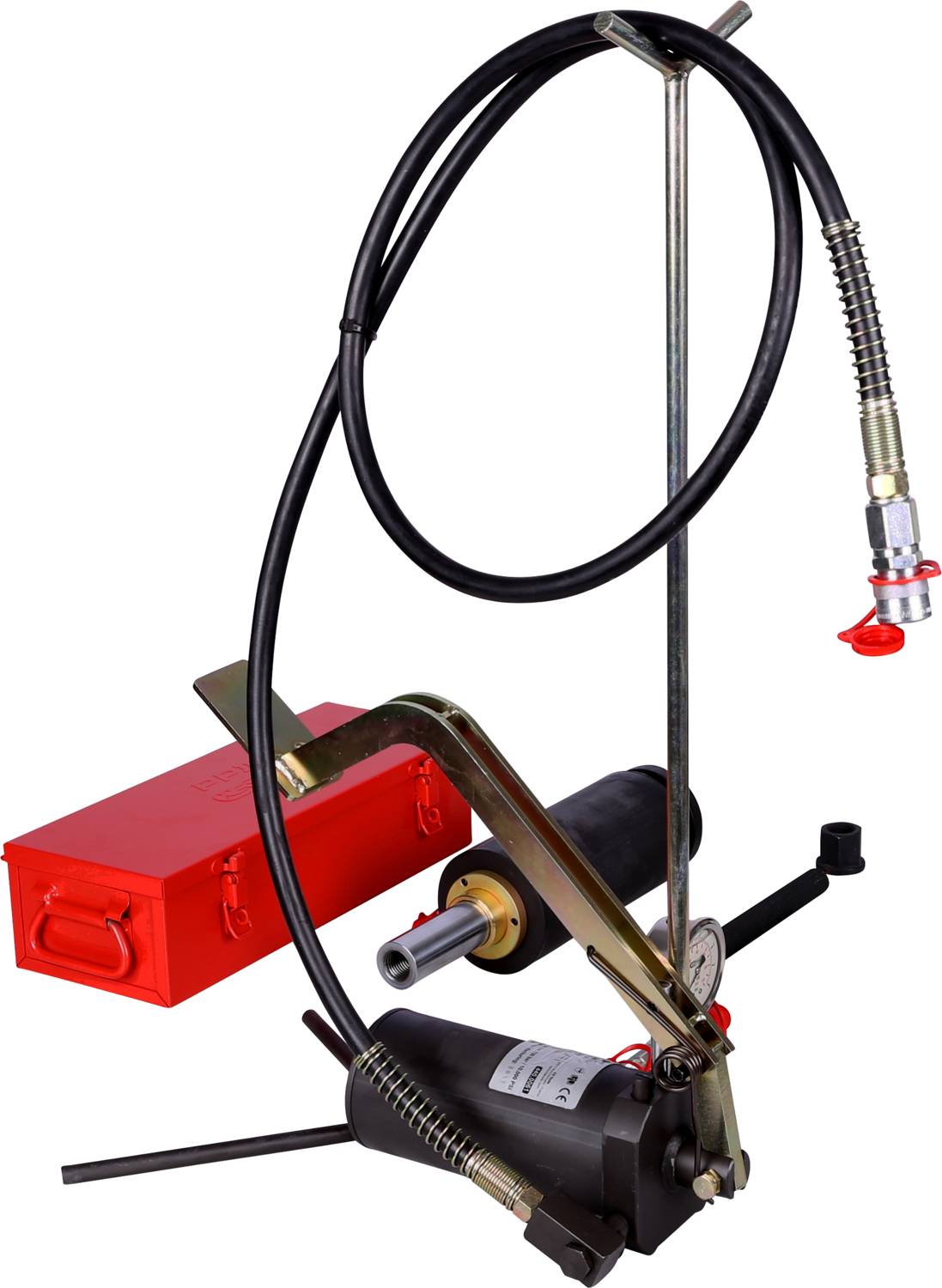 Hydraulikpumpe mit Hebel, Schlauch und Anschluss, daneben ein rotes Metallgehäuse. Gerät zur Druckerzeugung oder Flüssigkeitsbewegung.