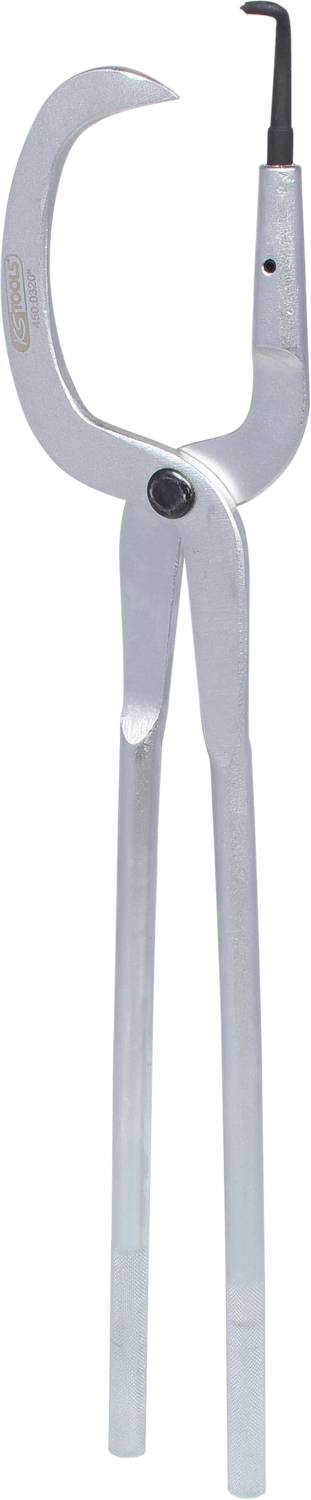 Metallzange mit gebogenem, gezahntem Greifer. Werkzeug dient zum sicheren Greifen und Halten von schweren oder heißen Objekten.