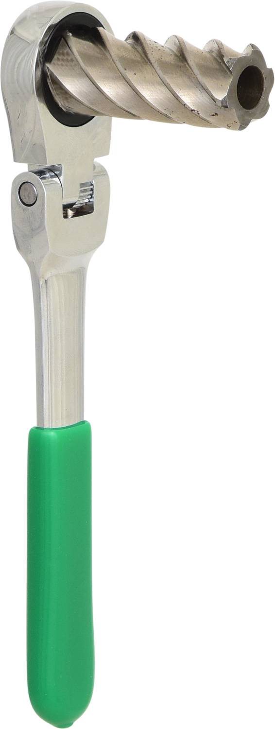 Eine silberne Knoblauchpresse mit grünem Griff, geöffnet, zeigt die schneckenartige Innenseite zur Zerdrückung von Knoblauchzehen.