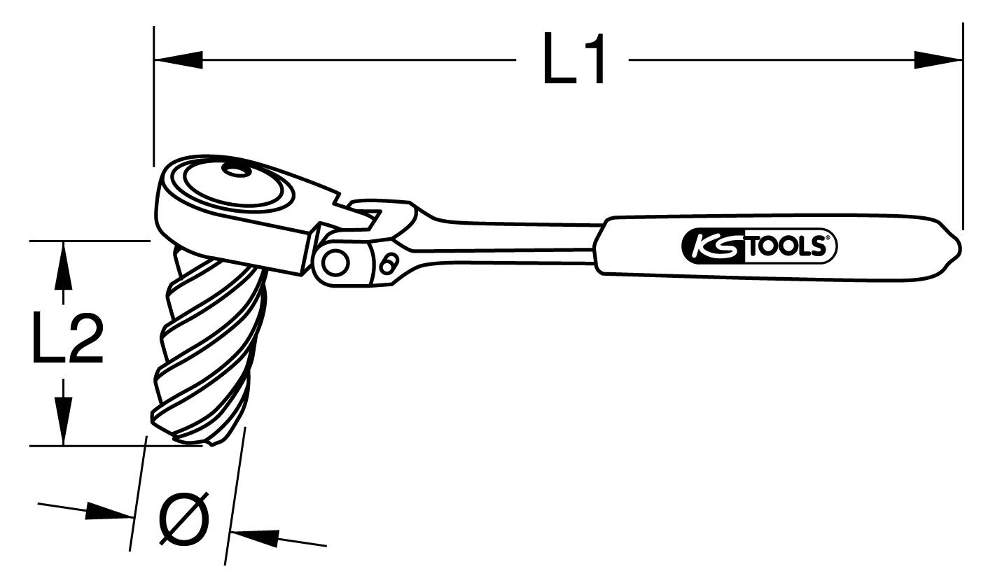 Technische Zeichnung eines Werkzeugs mit abgewinkeltem Kopf, Schraubendrehergriff 'KS Tools', Maße L1, L2 und Durchmesser Ø angegeben.
