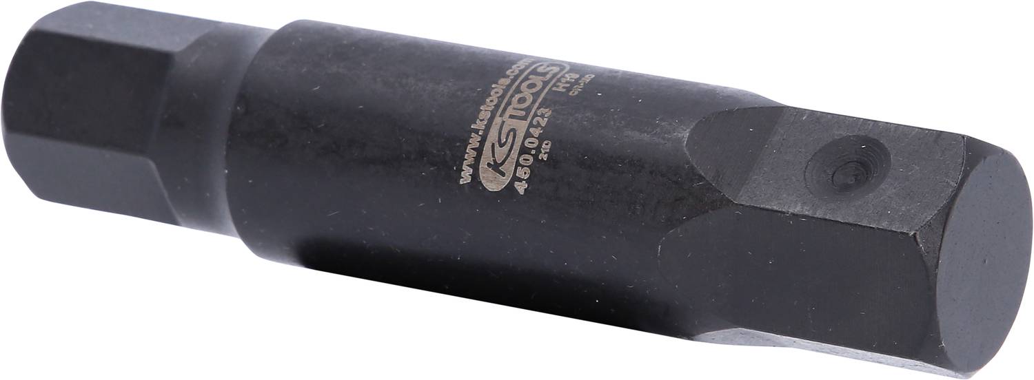 Schwarzer Adapter aus Metall mit sechseckigem Kopf und Rundkörper, beschriftet mit Markennamen. Werkzeug zur Verbindung von Aufsätzen.