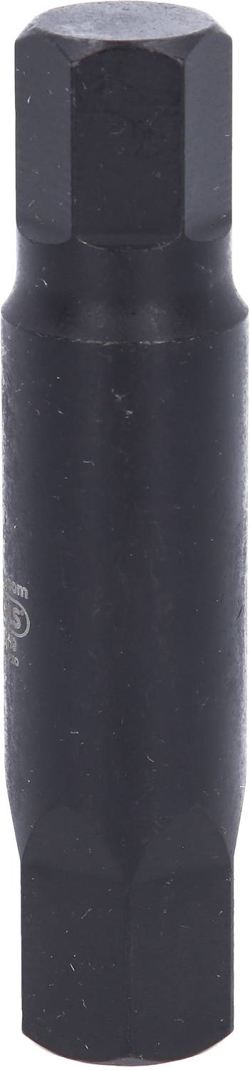 Abgebildet ist ein schwarzer Steckaufsatz, wahrscheinlich ein Bit, mit sechseckiger Spitze und rundem Schaft, typisch für Werkzeuge.