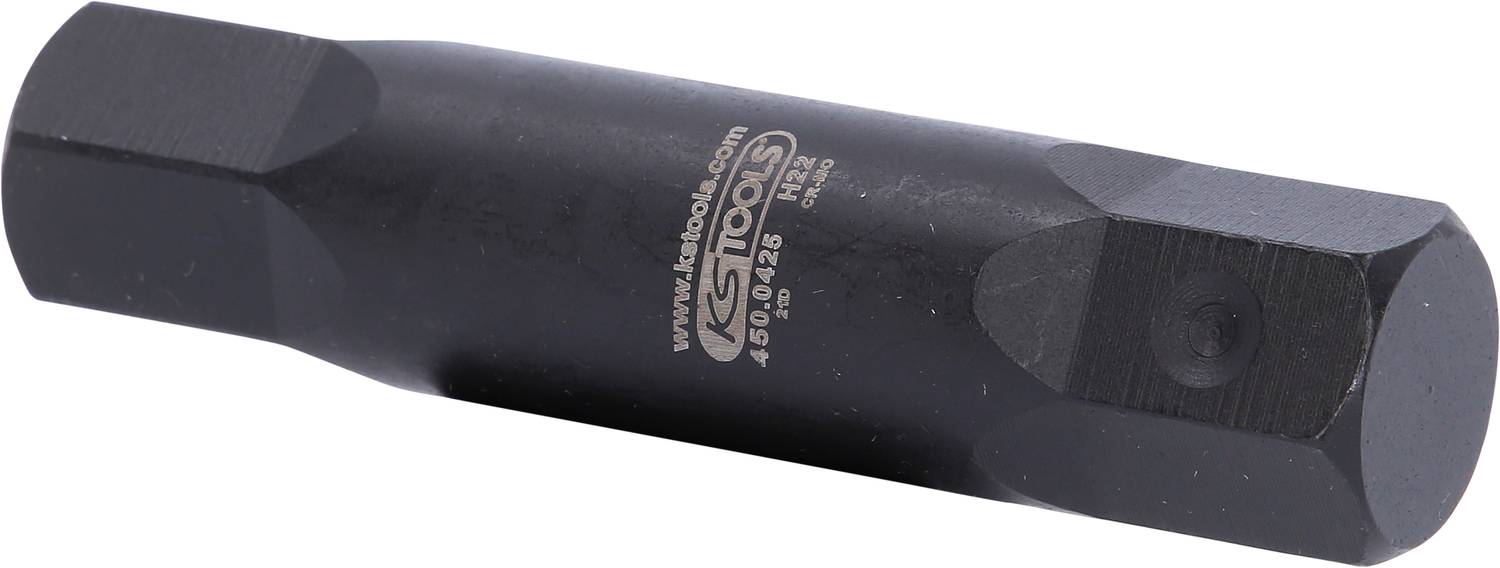 Ein schwarzer Adapter-Steckschlüssel mit sechskantigen Enden und eingeprägter Markierung, verwendet zum Anziehen oder Lösen von Schrauben.