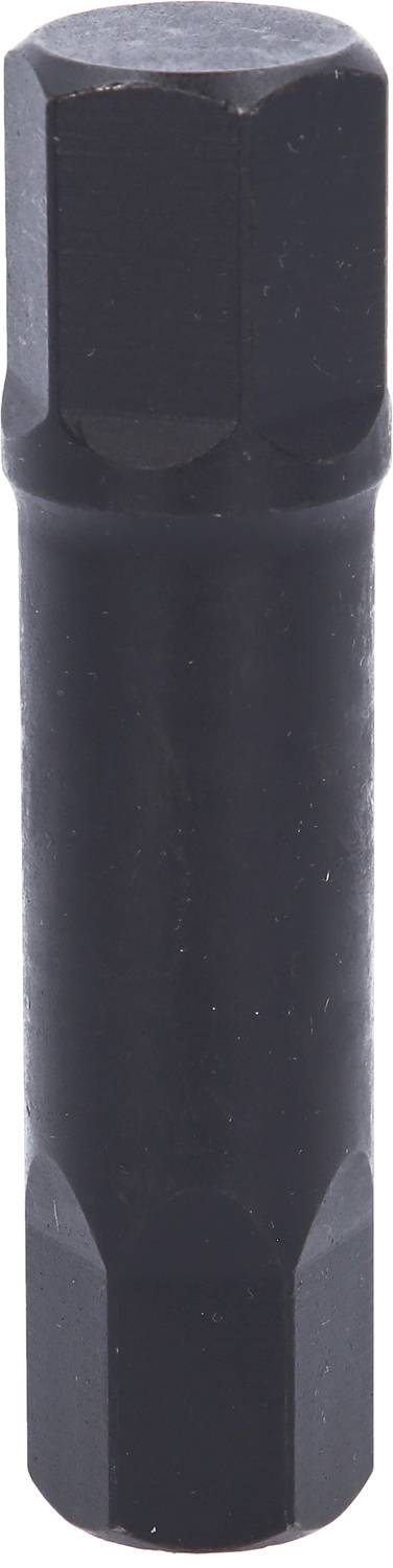 Ein schwarzer, metallischer Steckschlüsselaufsatz mit einem sechseckigen Ende, der zum Drehen von Schrauben oder Bolzen verwendet wird.