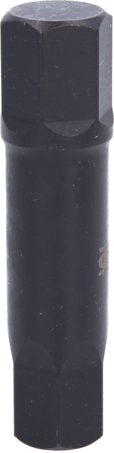 Ein schwarzes Metallwerkzeug mit sechseckigen Enden, das als Steckschlüsselkupplung zur Befestigung und Entfernung von Schrauben dient.