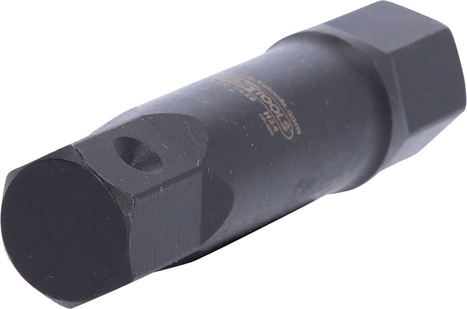 Ein schwarzes Metallwerkzeug mit sechseckigem Kopf und zylindrischem Körper, verwendet zum Entfernen von Radmuttern.