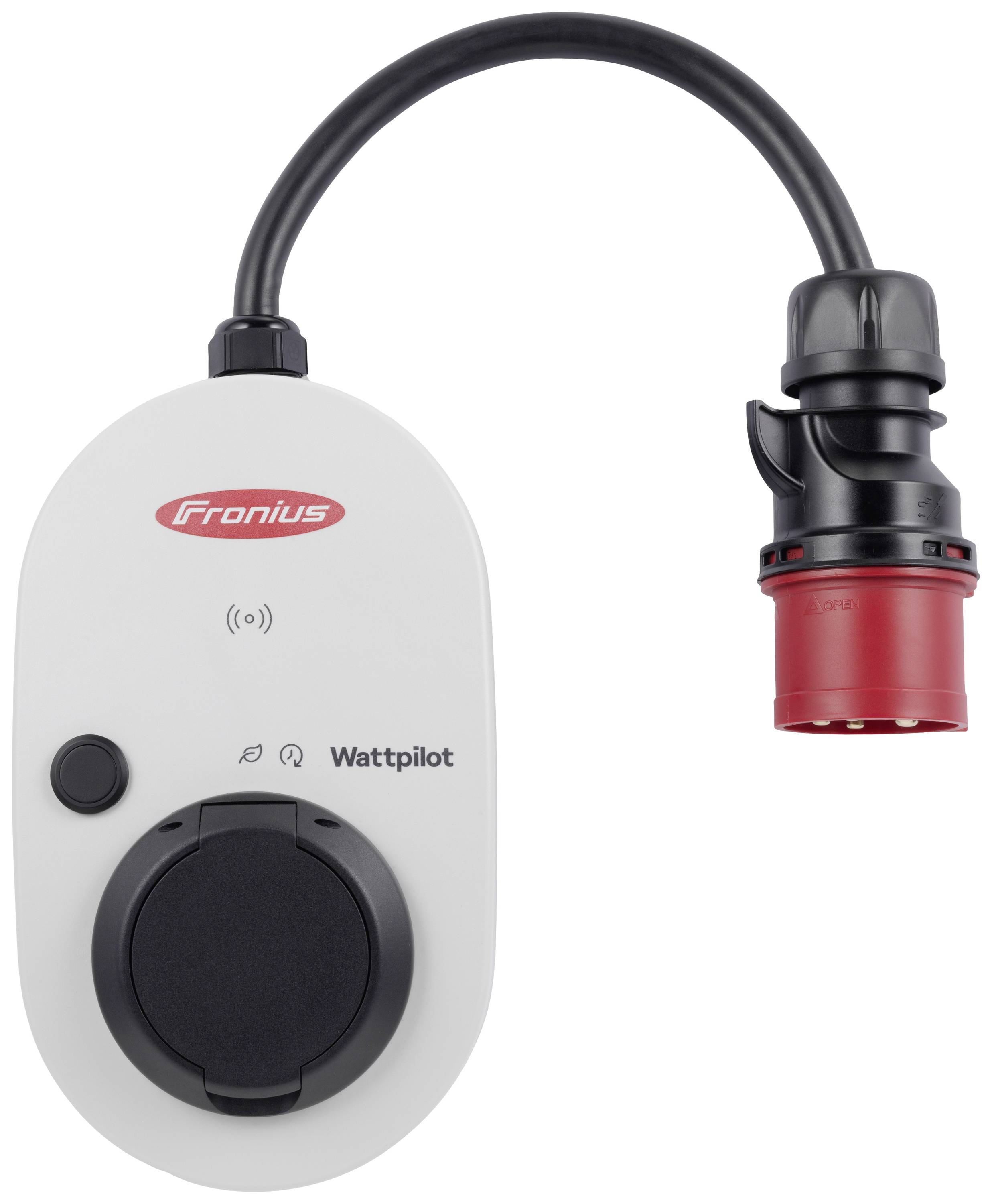 'Fronius Wattpilot', ein Ladegerät für Elektrofahrzeuge mit rotem und schwarzem Anschlusskabel.