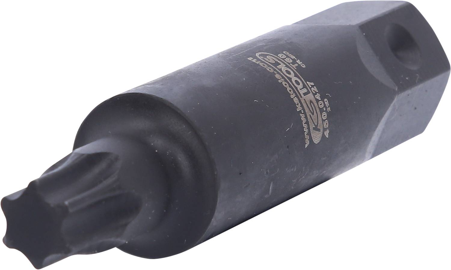 Ein schwarzer Vielzahn-Steckschlüsselaufsatz mit Innensechskantaufnahme. Geeignet zum Lösen von speziellen Schrauben in der Mechanik.