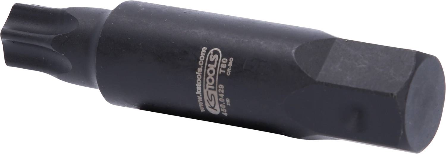 Ein schwarzer Steckschlüsselaufsatz mit sechskantigem Schaft und einer Torx-Spitze, der hauptsächlich für Reparaturen oder Montagen verwendet wird.