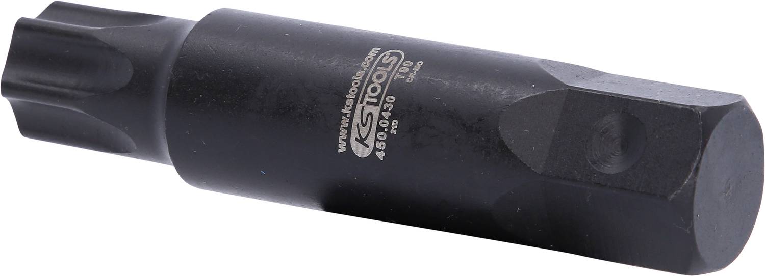 Ein schwarzer Schraubenausdreher. Er hat eine zylindrische Form mit einer sechseckigen Basis und Rillen für besseren Halt.