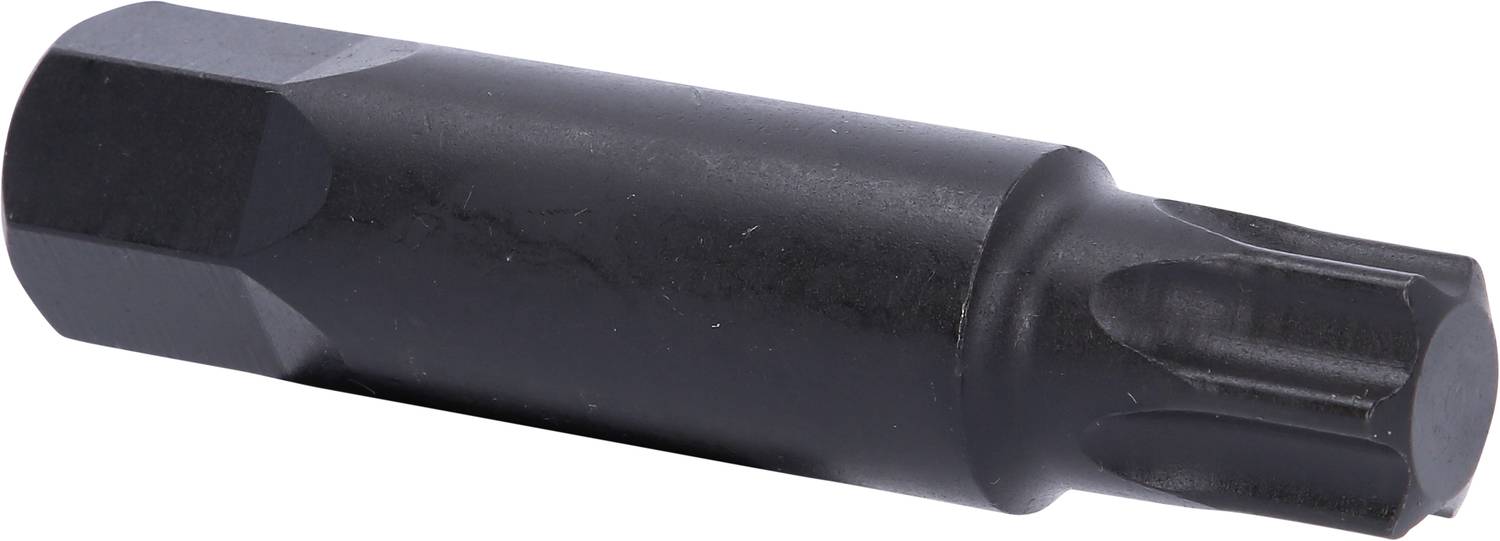 Ein schwarzer T40-Torx-Bit aus Stahl mit sechseckigem Schaft und sternförmigem Kopf, geeignet für Schraubverbindungen.
