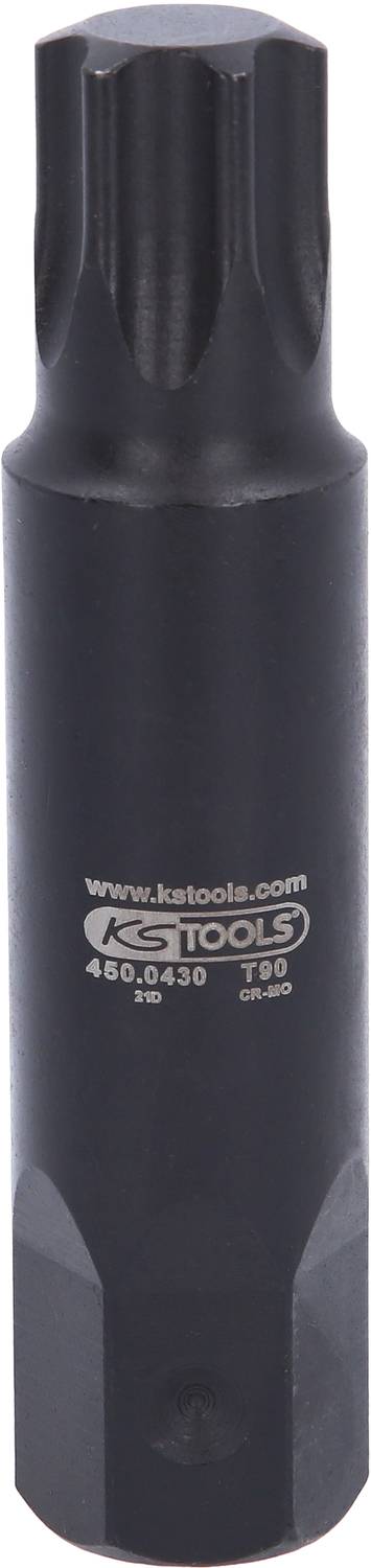 Schwarze Vielzahn-Stecknuß von KS Tools, Modell T50. Sie hat eine Gravur mit technischen Details und einem sechskantigen Schaft.