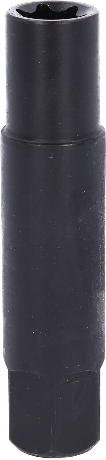 Ein schwarzes, zylindrisches Metallwerkzeug mit abgestuften Abschnitten, vermutlich für mechanische Anwendungen oder als Steckschlüsseleinsatz.