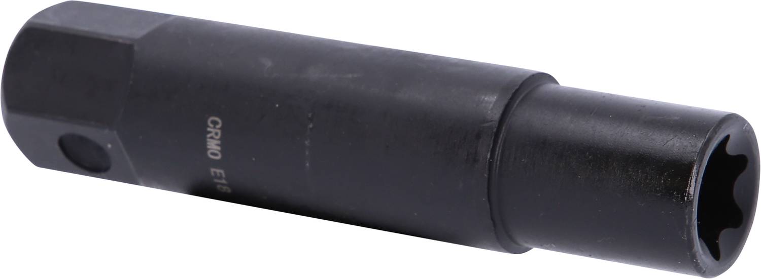 Sechskant-Steckschlüssel, schwarz, zylindrische Form, E18-Profil auf der Oberfläche eingraviert, für Schraubarbeiten geeignet.