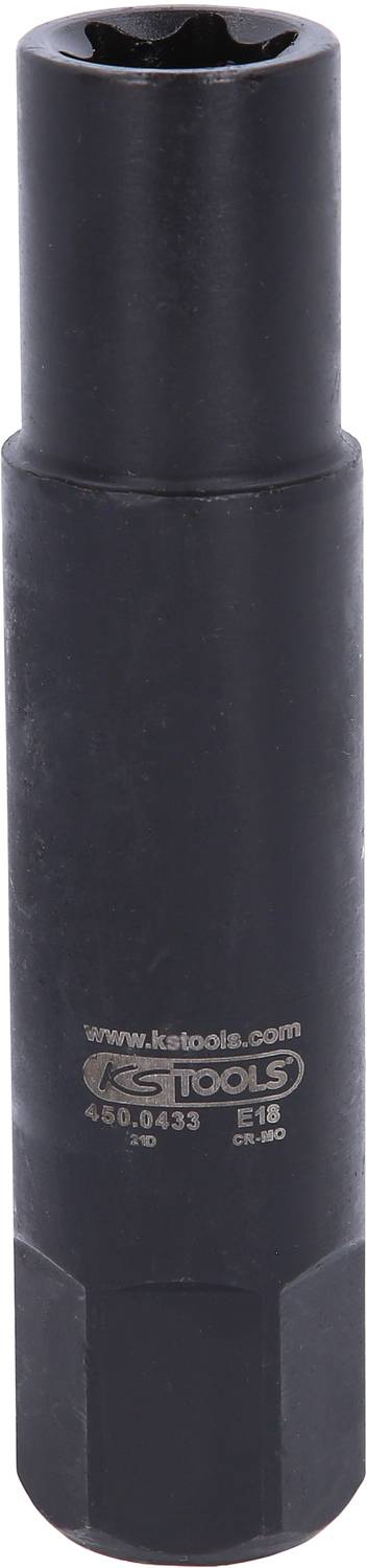 Ein schwarzer Steckschlüssel der Marke KS Tools, Modell E18, aufrecht stehend.