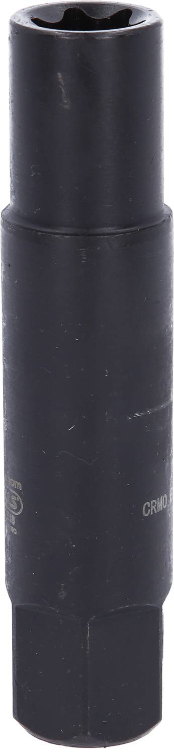 Schwarzer Steckschlüsselaufsatz mit sechseckiger Öffnung, verwendet für Schraubarbeiten in Werkstattumgebungen.