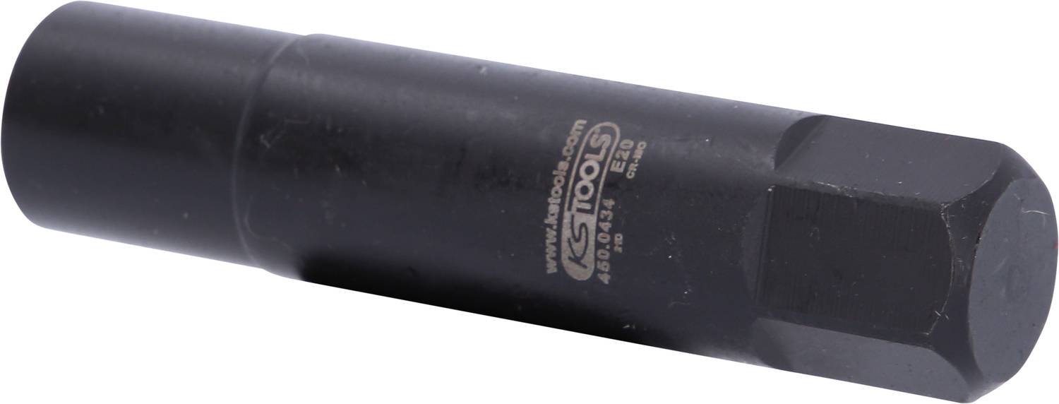 Schwarzer Steckschlüssel mit sechskantiger Kopf, wahrscheinlich für Werkzeuge oder Maschinen verwendet.