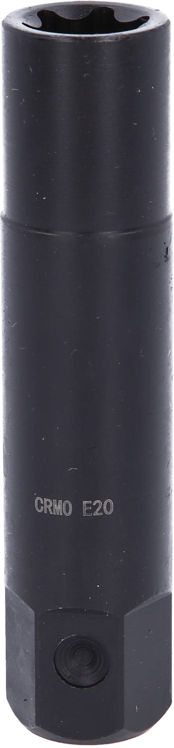Eine schwarze Stecknuss mit der Aufschrift 'CRMO E20', zylindrische Form, geeignet für mechanische Arbeiten oder Werkzeugnutzung.