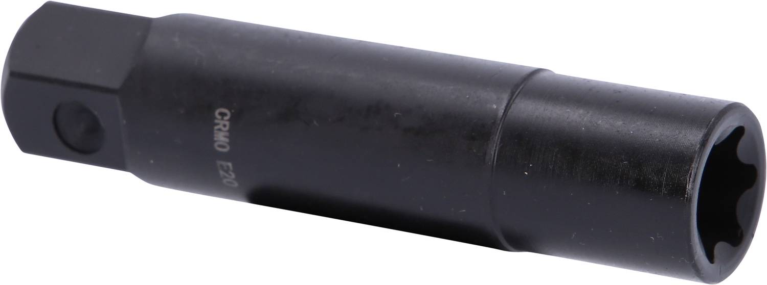 Ein schwarzer Steckschlüsseleinsatz aus Chrom-Molybdän-Stahl (CR-MO) mit einer E20-Größe, zur Verwendung mit einem Drehmomentschlüssel.