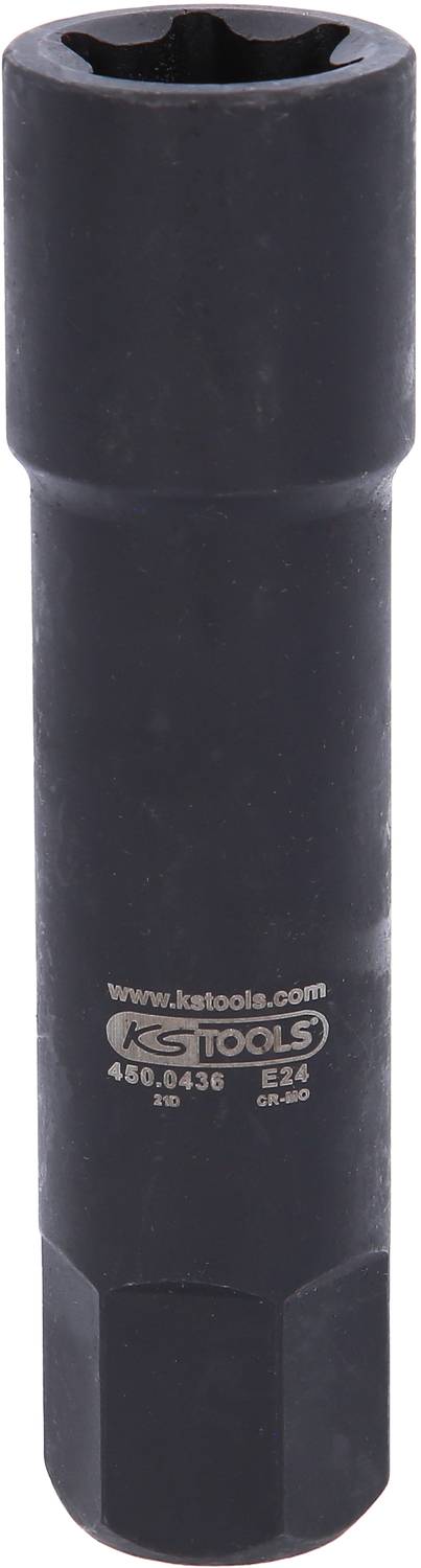 Langer schwarzer Steckschlüssel, zylindrische Form, mit Aufschrift 'ks TOOLS 450.0436' in der Mitte. Werkzeug zur Messerverschraubung.