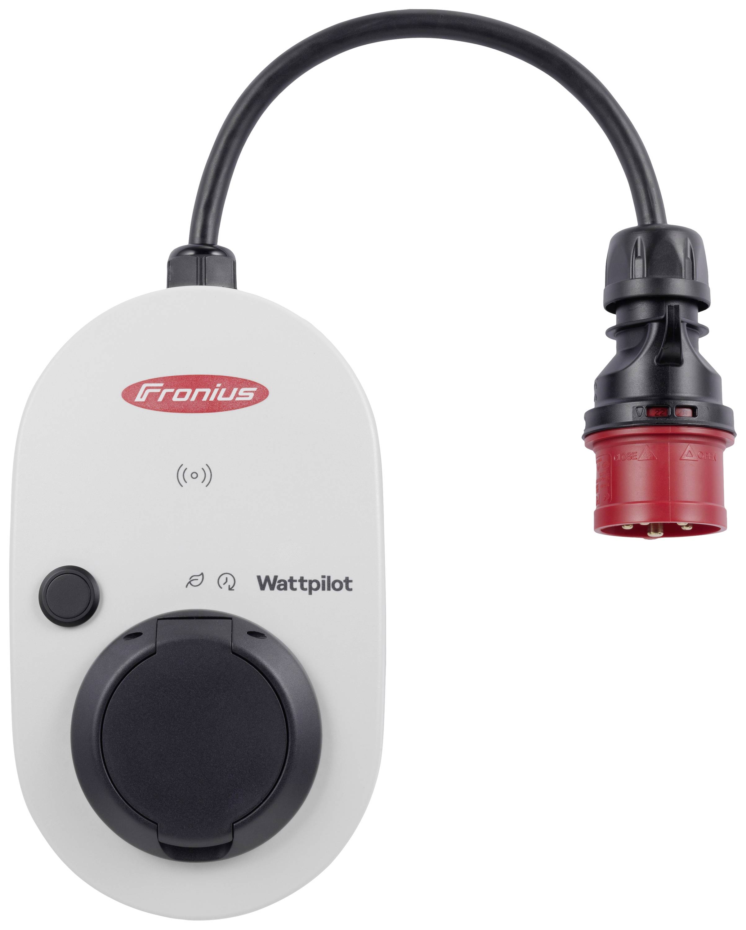 Eine Fronius Wattpilot-Ladestation mit rotem Stecker, verwendet zum Laden von Elektrofahrzeugen.