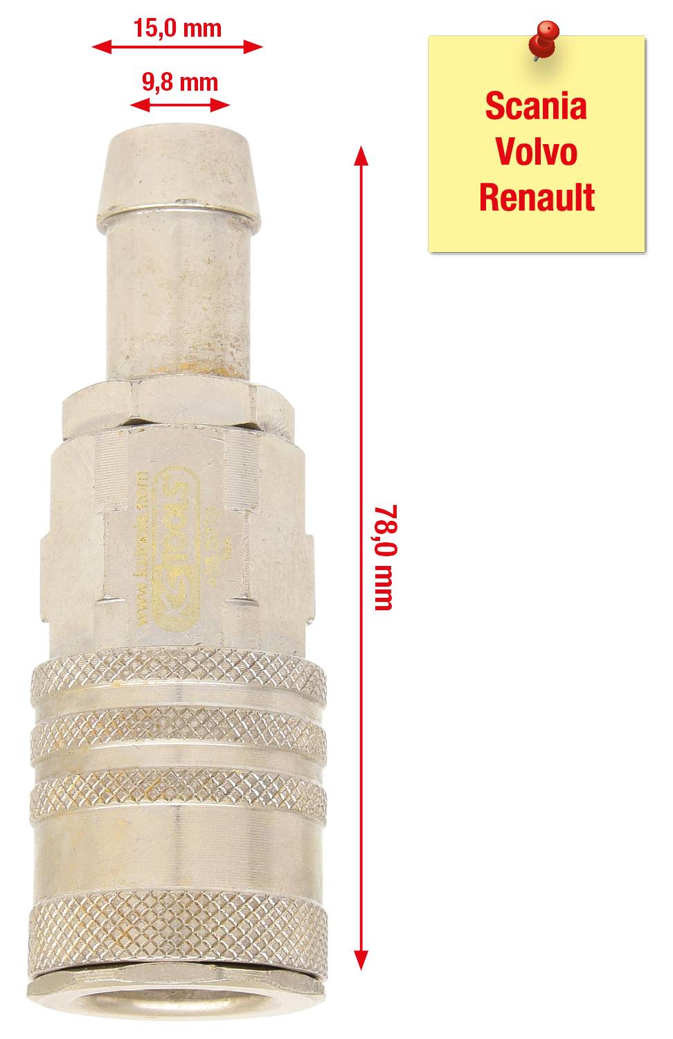 Metallventiladapter, 78,0 mm Länge, 15,0 mm Breite, 9,8 mm Durchmesser. Kompatibel mit Scania, Volvo, Renault.