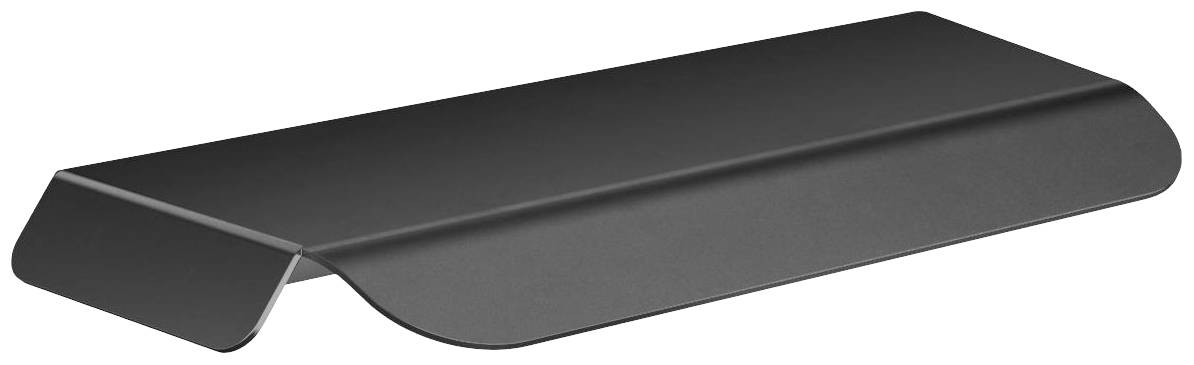Schwarzes, gebogenes Metallstück mit flacher Oberseite. Möglicherweise ein Teil einer Halterung oder eines Regals.