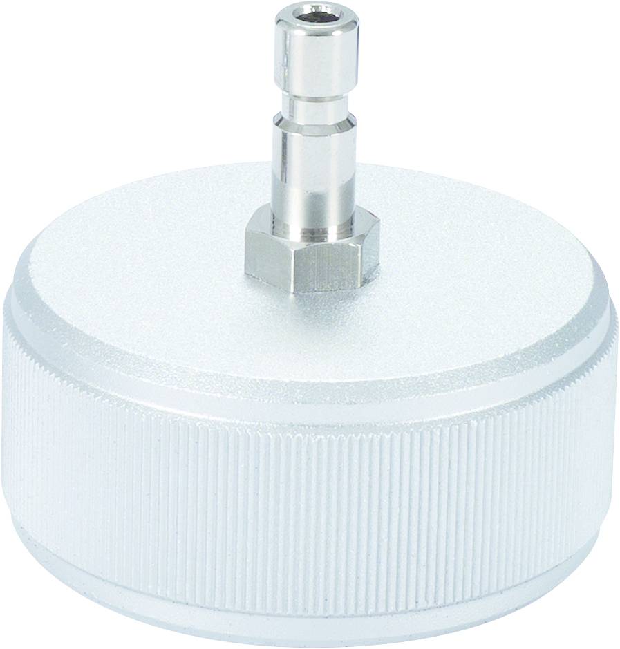 Ein zylindrischer, metallischer Adapter mit einem geriffelten Rand und einem kleinen Rohranschluss oben. Geeignet für Verbindungszwecke.