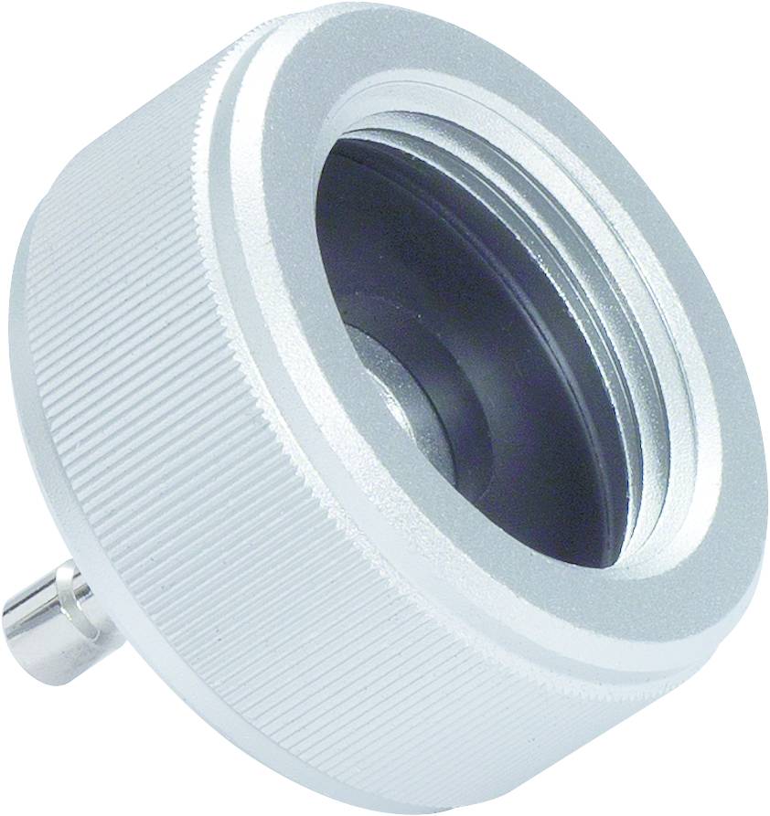 Ein silberner Adapter mit geriffeltem Rand und schwarzem Innengewinde, verwendet zur Verbindung zwischen unterschiedlichen Komponenten.