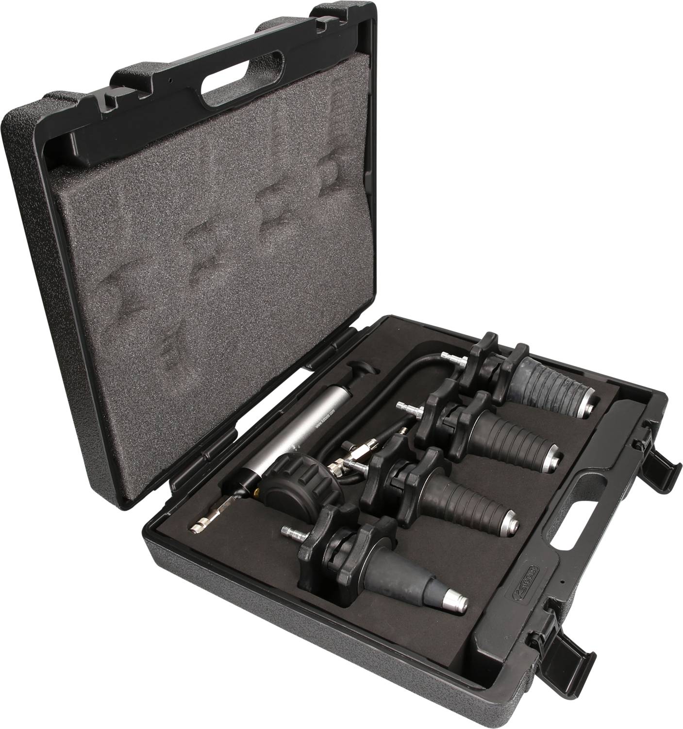 Werkzeugkoffer mit verschiedenen Aufsätzen und einem Handgerät, vermutlich für mechanische Arbeiten oder Reparaturen.