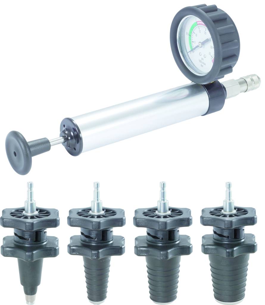 Ein Reifenventilpumppenset mit Manometer und fünf verschiedenen Aufsätzen. Ideal zur präzisen Druckmessung und zum Aufpumpen.