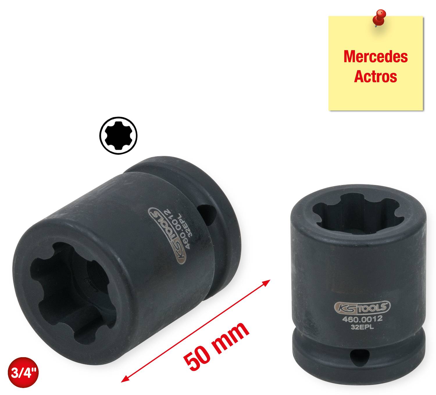 KS Tools Stecknuss 460.0012, passend für Mercedes Actros, 3/4 Zoll, Länge 50 mm. Geeignet für spezielle Schraubenprofile.