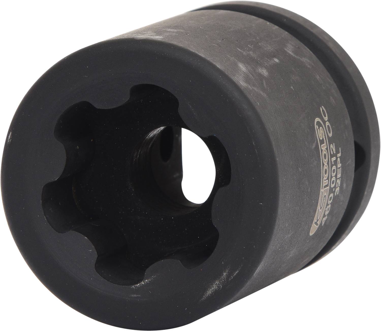 Schwarzes zylindrisches Werkzeug, möglicherweise ein spezieller Adapter mit sechsseitigem Loch und weißer Aufschrift.