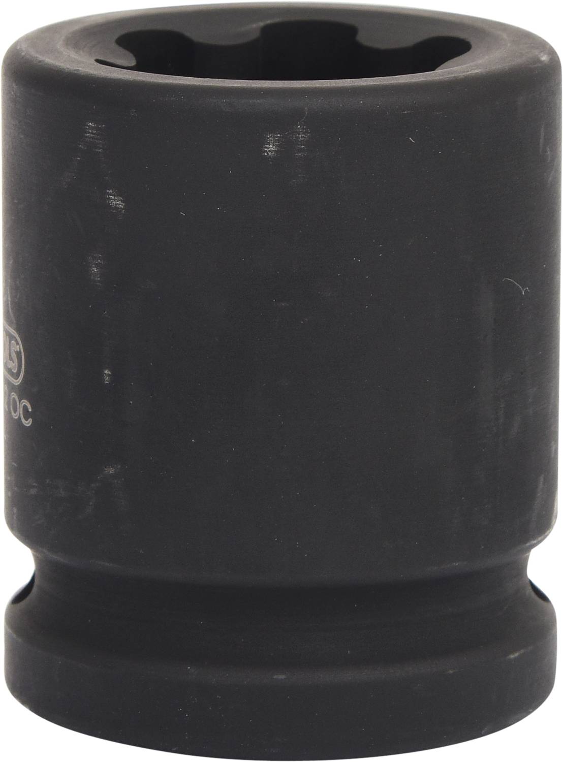 Ein schwarzer Steckschlüsselaufsatz aus Metall, zylindrische Form, für Kraft- oder Druckluftschrauber verwendet, Vorderansicht.