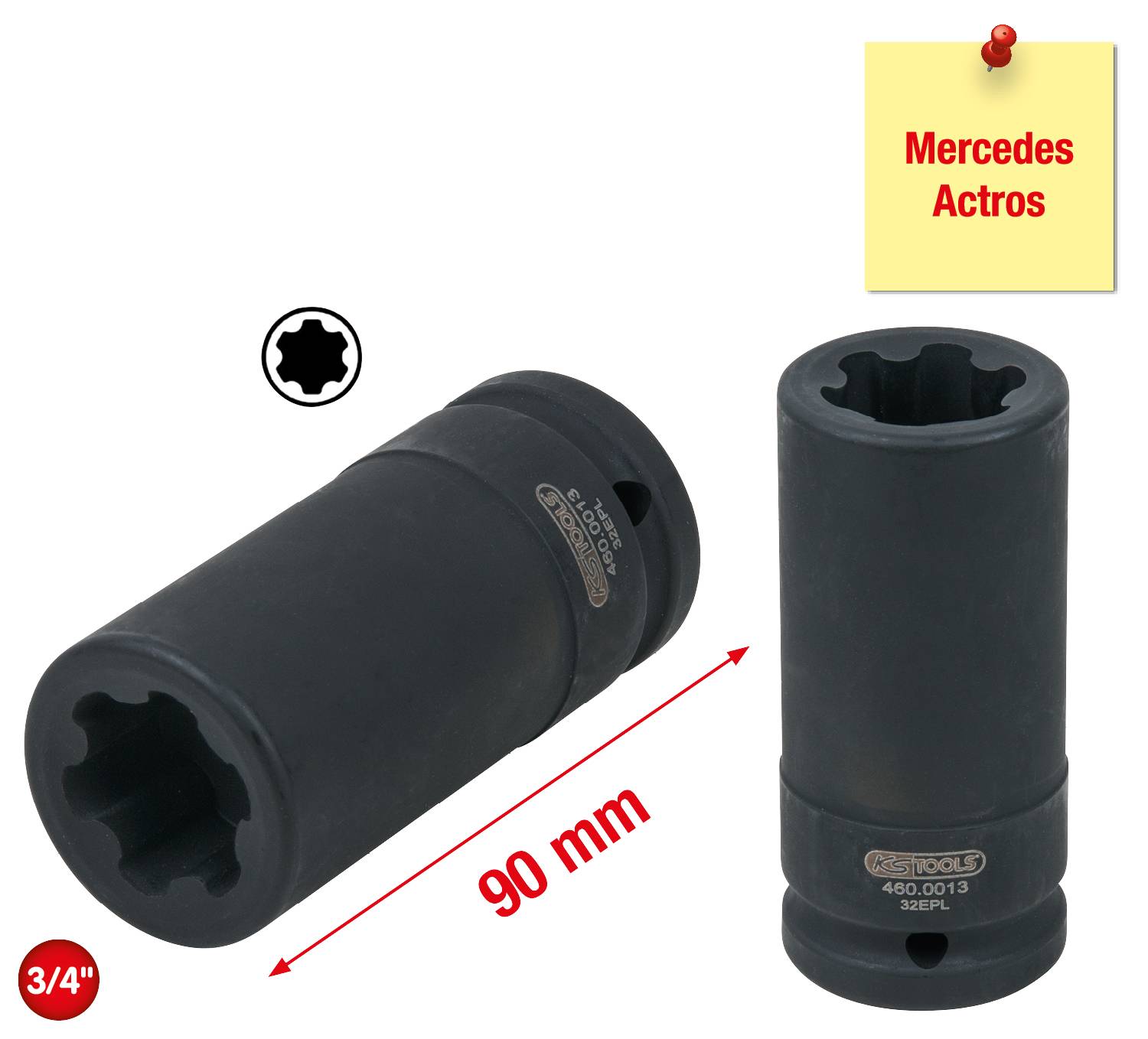 Stecknuss, 90 mm lang, passend für Mercedes Actros. Abdeckkappe links, rote Markierung unten: 3/4 Zoll.