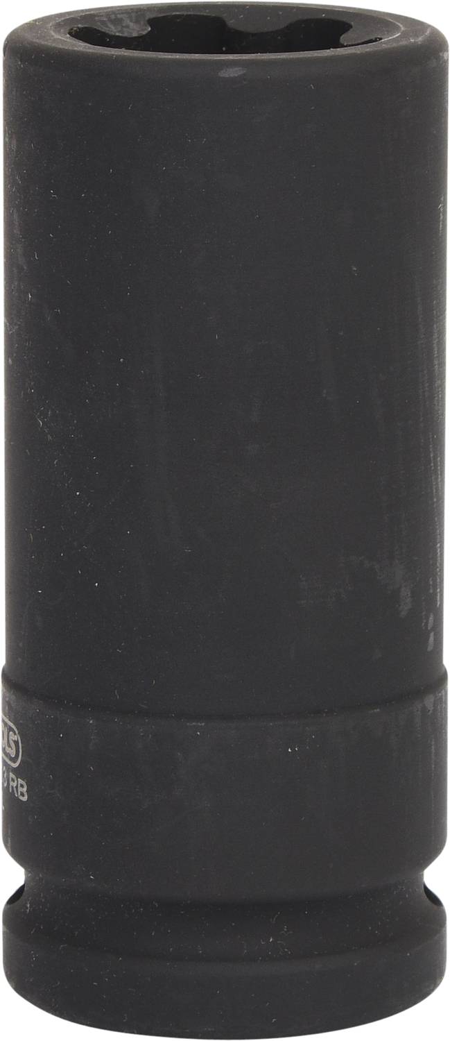 Sechskant-Steckschlüssel, schwarz, zylindrisch, aus Metall, mit glatter Oberfläche und kleiner Gravur am Boden.