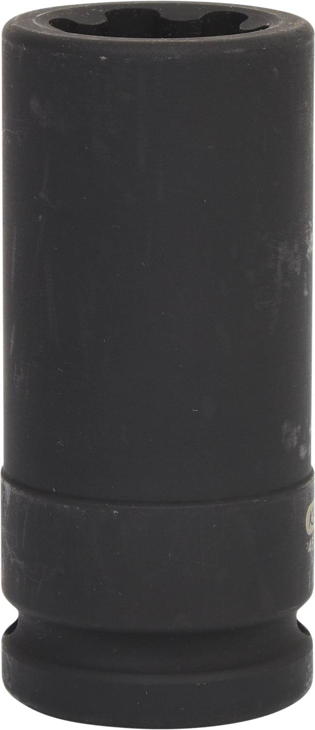 Ein schwarzer Steckschlüsselaufsatz, zylindrisch geformt, aus Metall. Er wird zur Befestigung an einem Schraubenschlüssel verwendet.