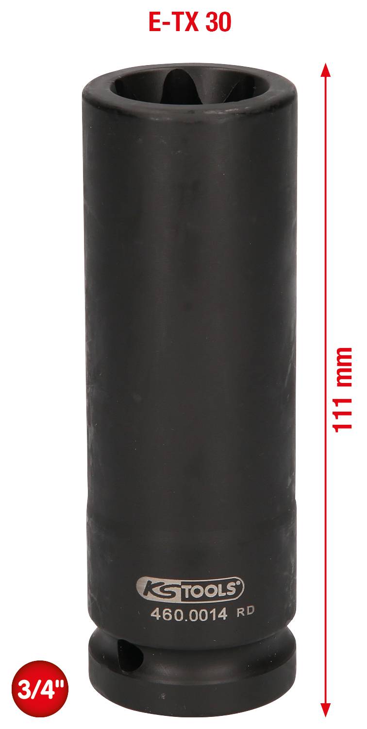 'KS Tools 460.0014 RD' Stecknuss E-TX 30, 3/4 Zoll, Länge 111 mm. Schwarzer Zylinder mit Markierung und Maßangaben.