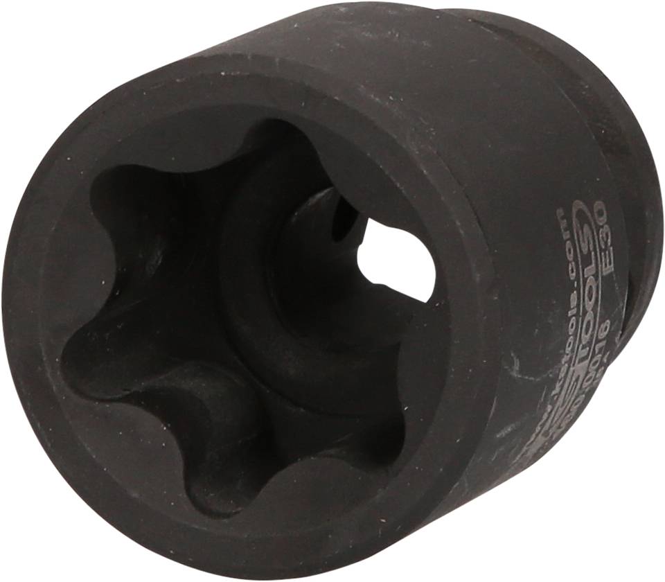 Ein schwarzer Steckschlüsselaufsatz mit sternförmiger Öffnung, geeignet für die Entfernung von beschädigten Schrauben oder Muttern.