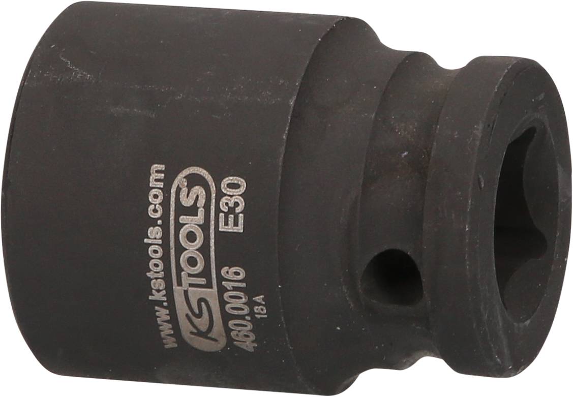 Ein schwarzer KS Tools Steckschlüssel-Einsatz mit der Aufschrift: www.kstools.com E30 460.0016, für mechanische Anwendungen.