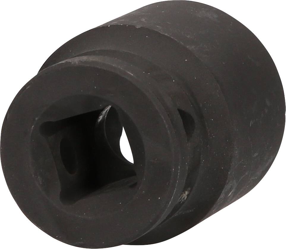 Schwarzes Metallteil in zylindrischer Form mit einem quadratischen Hohlraum in der Mitte, möglicherweise ein mechanisches Bauteil.