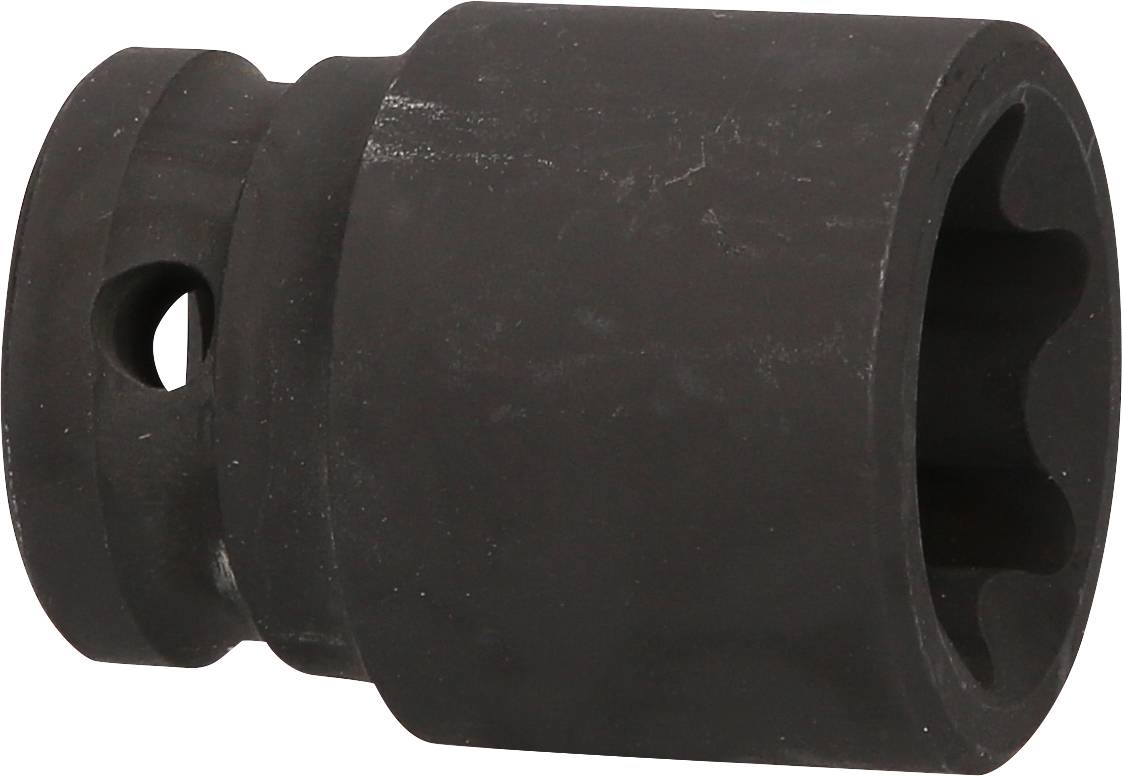 Eine schwarze Stecknuss, zylinderförmig, mit zwölfkantigem Innenprofil und seitlichem Loch, vor weißem Hintergrund.