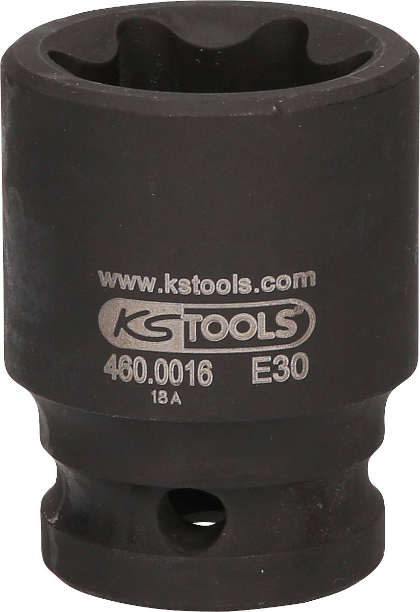 Schwarze Stecknuss mit der Aufschrift 'www.kstools.com KS TOOLS 460.0016 E30 18A'. Sie dient zum Anziehen oder Lösen von Muttern.