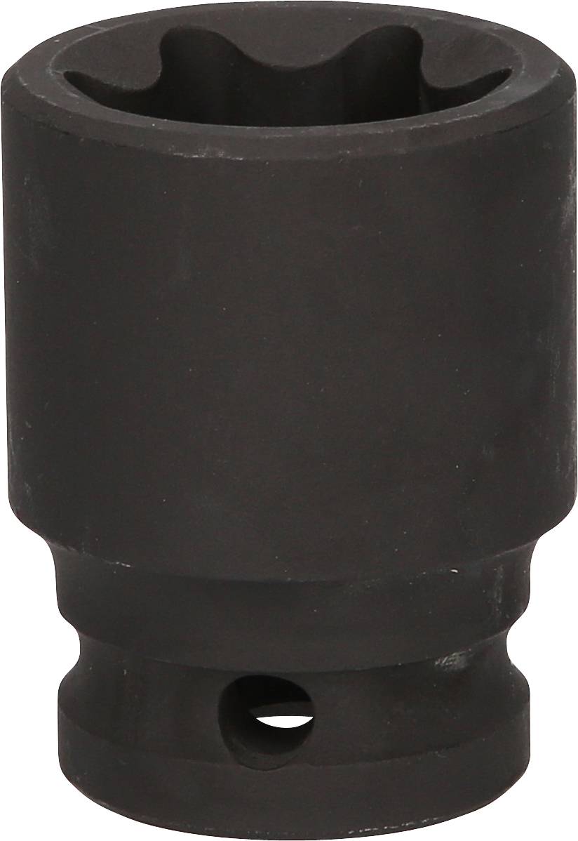 Eine schwarze, zylindrische Stecknuss mit einem runden Innenprofil und einem Loch an der Basis, verwendet für Schraubarbeiten.