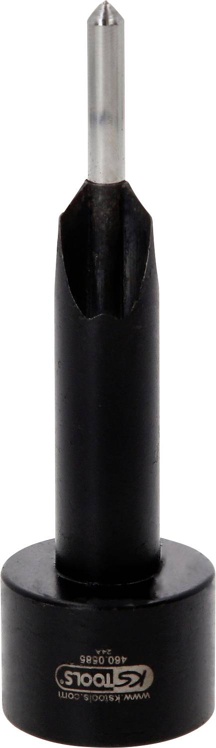 Schwarzer Metalltoolhalter mit einem silbernen zylindrischen Bit oder Stift, der von der Oberseite hervorragt, gezeigt auf weißem Hintergrund.