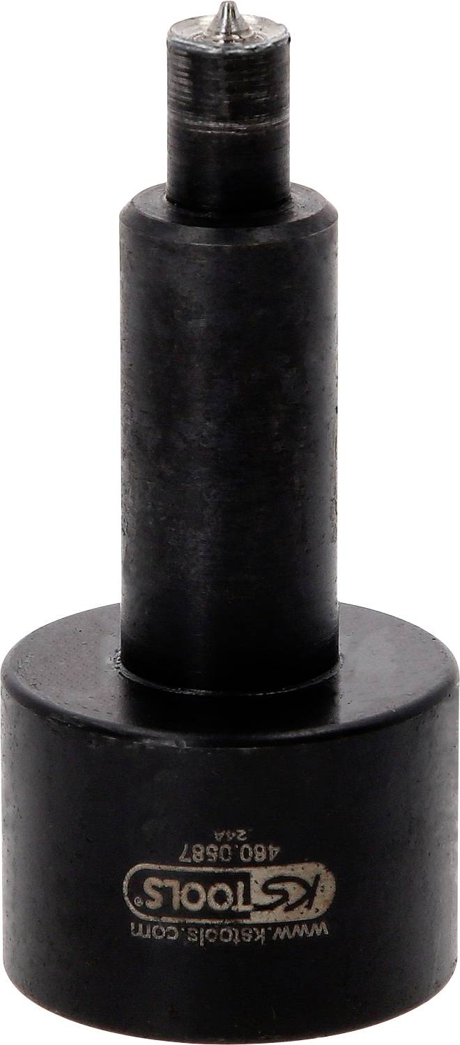 Schwarzes zylindrisches Werkzeugkomponente mit schmaler Metallspitze und breiter Basis, dargestellt auf weißem Hintergrund.