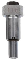 Ein metallischer Bolzen oder Adapter mit Hexagon-Mutter oben, markiert mit 'T16'. Verwendet für mechanische oder technische Anwendungen.